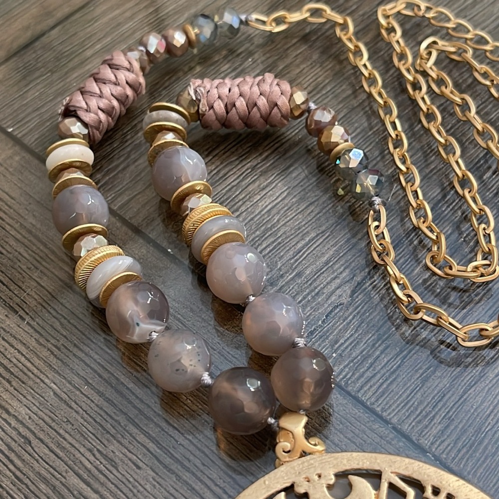 Matte Gold-tone Chain Grey Beads and Large Medallion - Picture 2 of 16
